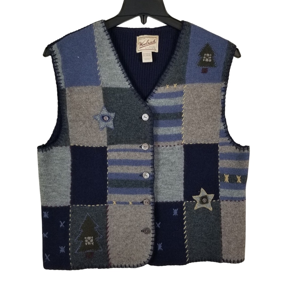 Woolrich Womens XL Navy Multi Patchwork 100% Wool Button Front Sweater Vest 9547